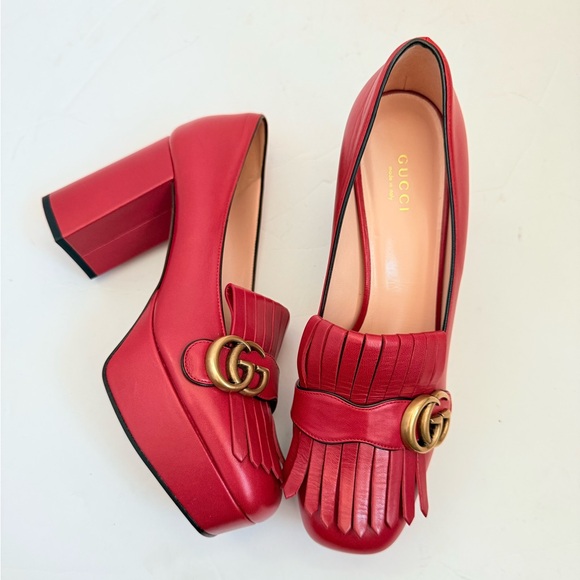Gucci Hibiscus Red Leather Malaga Kid GG Marmont Fringe Platform Loafer Pumps 39 - Picture 3 of 15